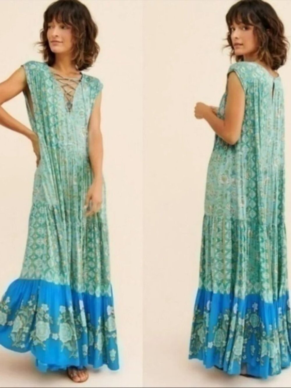 Free People Hanalei Bay Tiered Maxi Dress in Hawaii Breeze Combo Size M NWT
